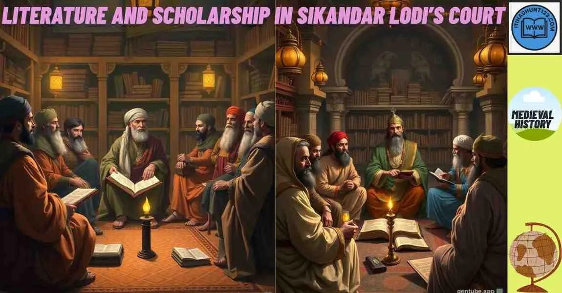 Sikandar Lodi with scholars discussing literature and poetry.