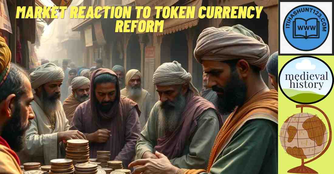 Traders checking token coins in a medieval marketplace during Tughlaq’s reform.