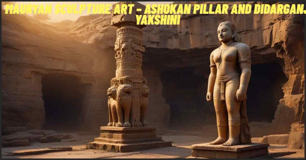 Mauryan sculpture art showing Ashokan pillar, Didarganj Yakshini, and Barabar rock-cut caves
