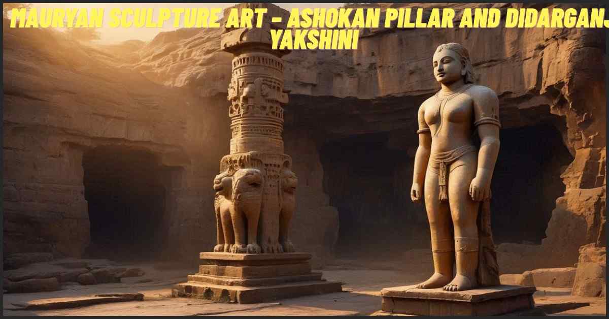 Mauryan sculpture art showing Ashokan pillar, Didarganj Yakshini, and Barabar rock-cut caves