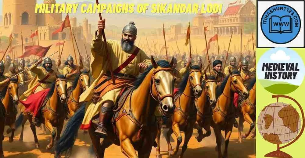 Sikandar Lodi on the battlefield leading his army during military campaigns.