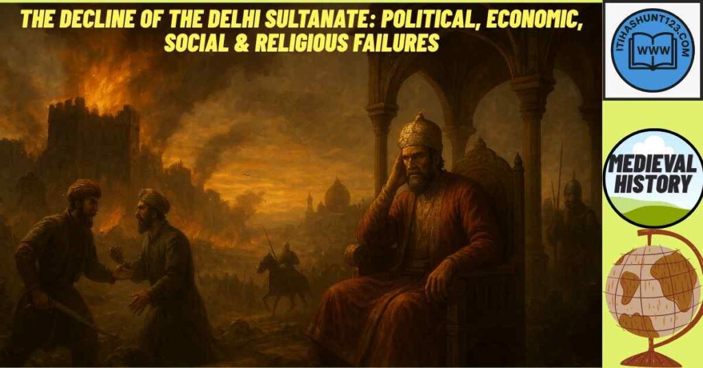 A realistic historical scene representing the decline of the Delhi Sultanate with a weak Sultan, rebellions, and Mughal invasion.