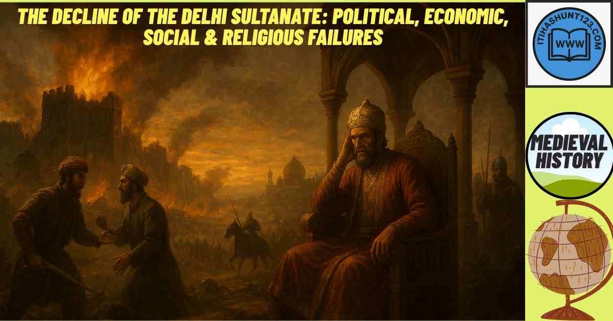 A realistic historical scene representing the decline of the Delhi Sultanate with a weak Sultan, rebellions, and Mughal invasion.