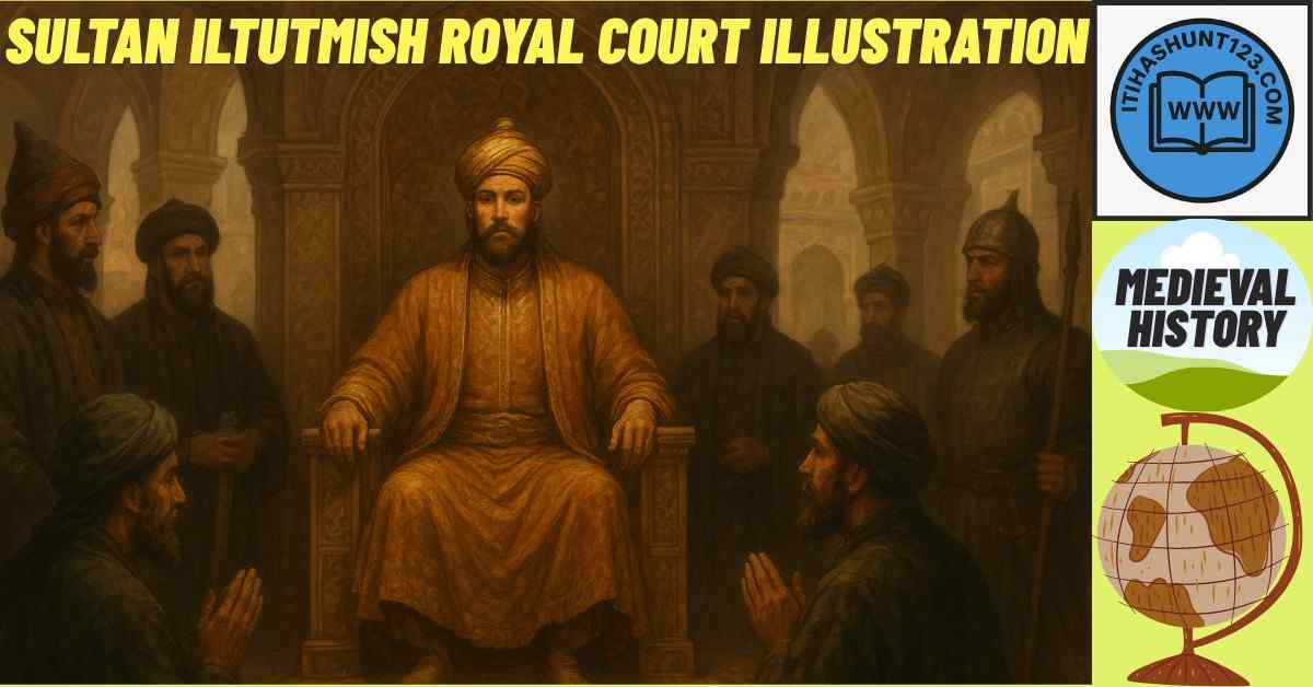 Iltutmish sitting in royal court with nobles, medieval Delhi Sultanate scene