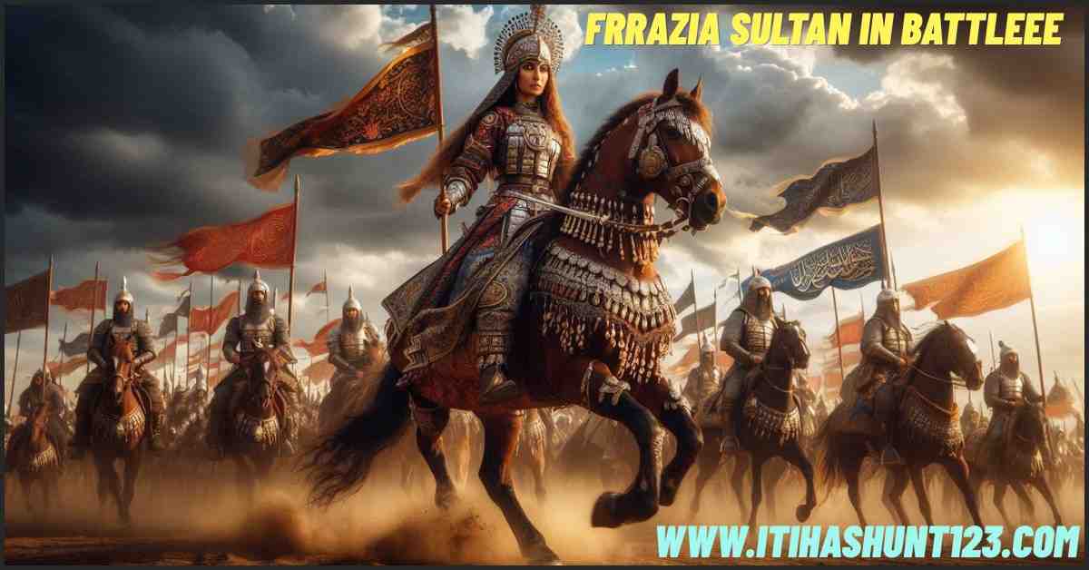 Razia Sultan leading her army during a 13th-century battlefield 