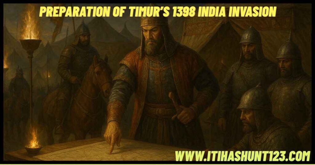 Timur preparing campaign for the 1398 invasion of India in his Samarkand military camp.