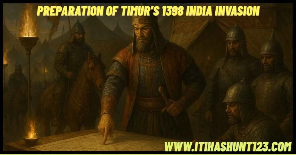 Timur preparing campaign for the 1398 invasion of India in his Samarkand military camp.
