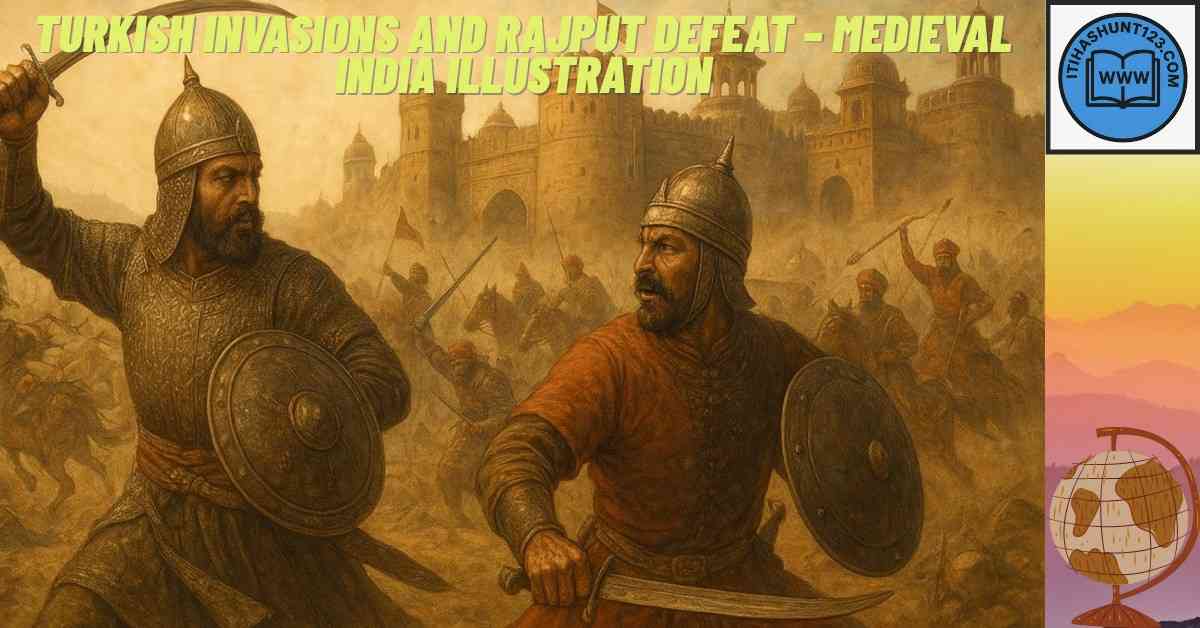Historical scene showing Turkish success and Rajput defeat in medieval India