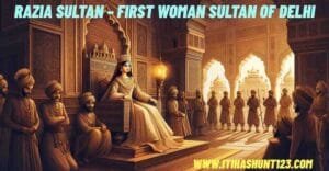Razia Sultan seated on the throne as the first woman ruler of the Delhi Sultanate