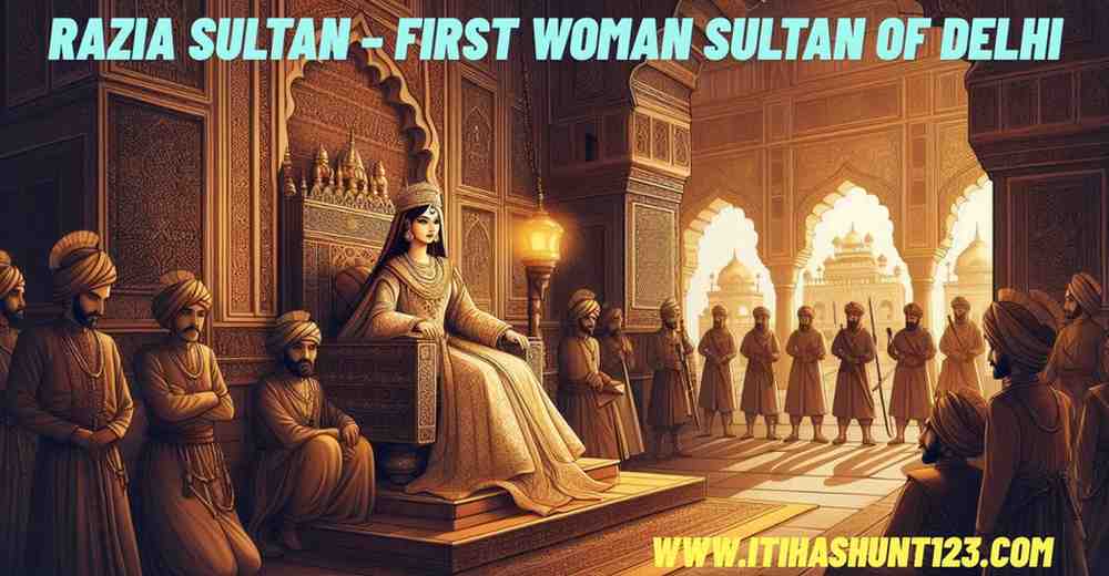 Razia Sultan seated on the throne as the first woman ruler of the Delhi Sultanate