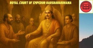 हर्षवर्धन अपने दरबार में — विद्वानों और धर्माचार्यों के साथ सभा करते हुए