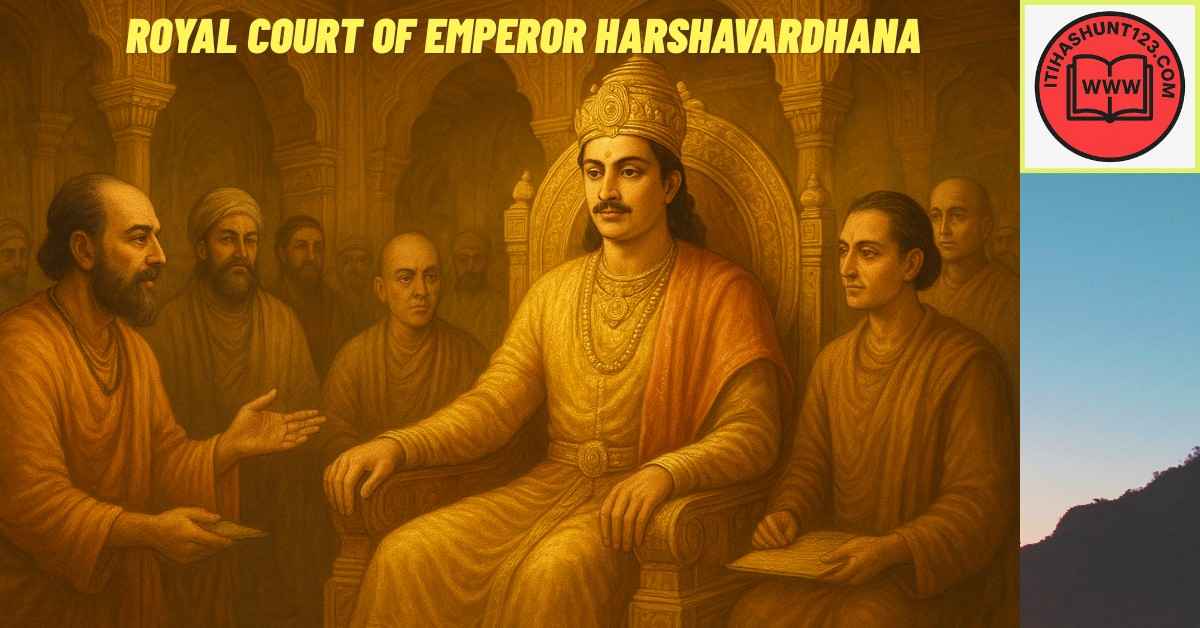 हर्षवर्धन अपने दरबार में — विद्वानों और धर्माचार्यों के साथ सभा करते हुए