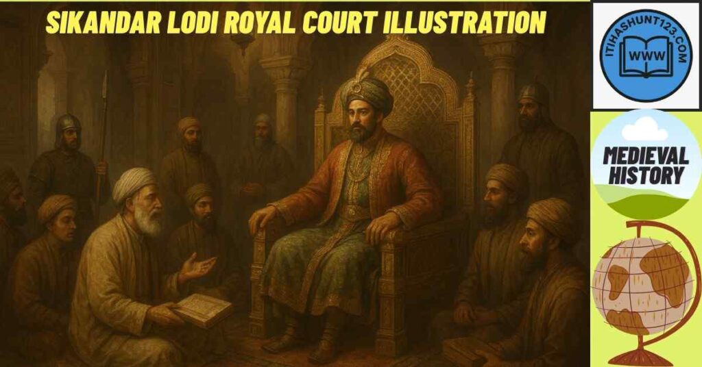 Sultan Sikandar Lodi seated in a royal medieval court with nobles and scholars.