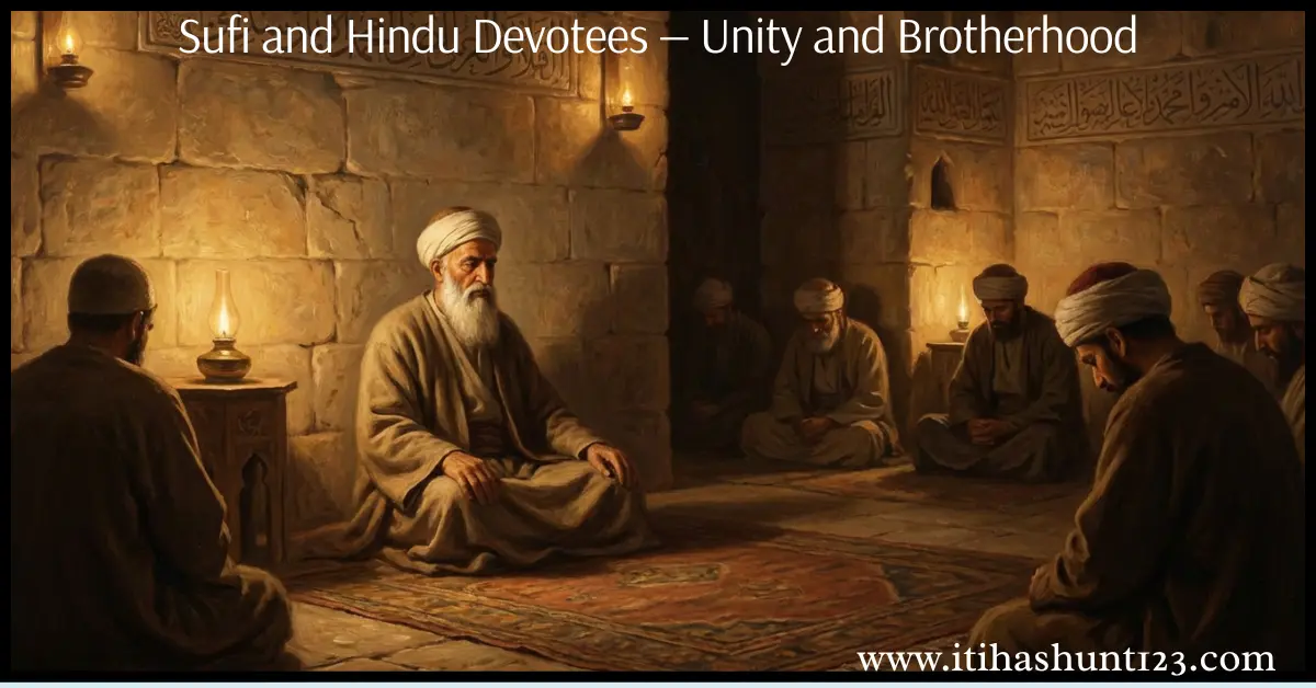 सूफी और हिंदू भक्त एकजुट होकर आध्यात्मिक विचार साझा करते हुए
