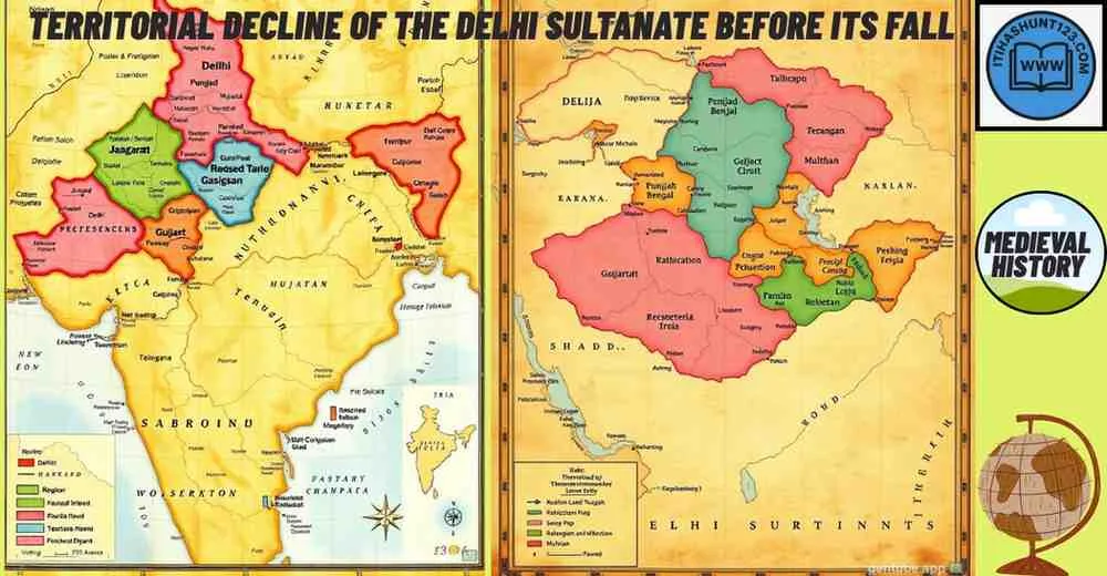 Map of the Delhi Sultanate showing shrinking territories and fragmentation before its collapse.