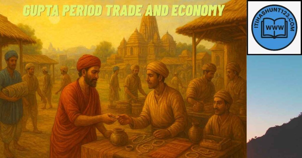 गुप्तकालीन भारतीय बाजार का दृश्य जिसमें व्यापारी वस्तुओं और सिक्कों का आदान-प्रदान कर रहे हैं।