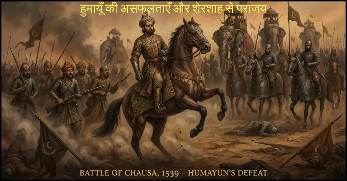 हुमायूँ युद्धभूमि में शेरशाह सूरी की सेनाओं का सामना करते हुए, उसके शासनकाल की कठिनाइयाँ और व्यक्तिगत कमजोरियों का ऐतिहासिक चित्रण