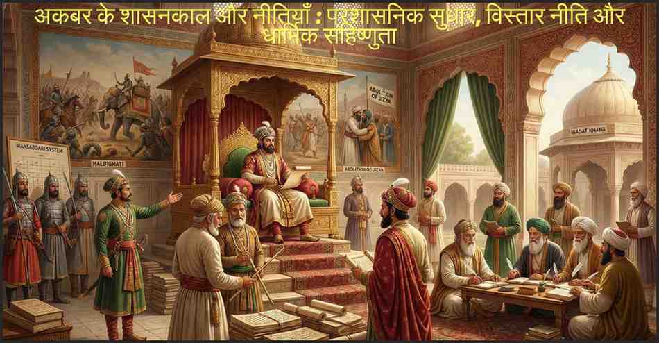 अकबर के शासनकाल और नीतियाँ – अकबर के प्रशासनिक सुधार, धार्मिक सहिष्णुता और मुगल साम्राज्य के विस्तार को दर्शाता ऐतिहासिक चित्र