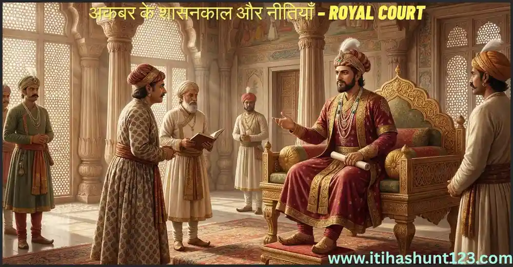 अकबर के शासनकाल और नीतियाँ – Akbar discussing administration and policies with ministers in court