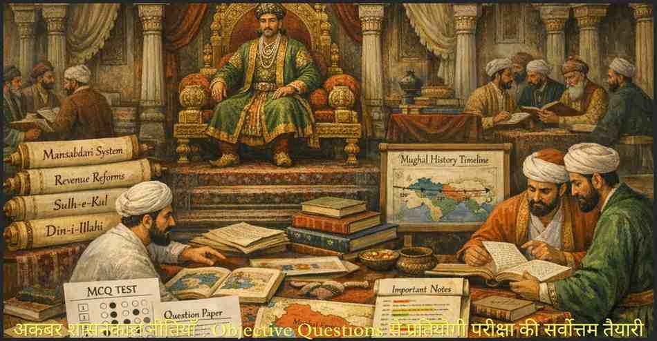 अकबर शासनकाल नीतियाँ – Objective Questions और प्रतियोगी परीक्षाओं की तैयारी के लिए अकबर के शासन से जुड़े महत्वपूर्ण तथ्य दर्शाता चित्र