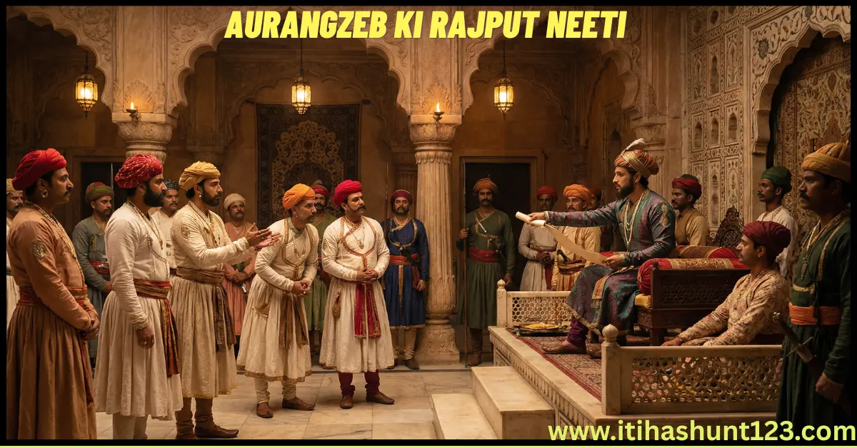 Aurangzeb ki Rajput Neeti in Mughal court illustration