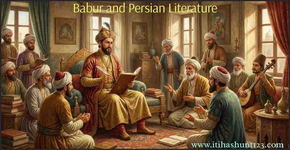 Babur writing Tuzuk-e-Babri in Persian with court scholars