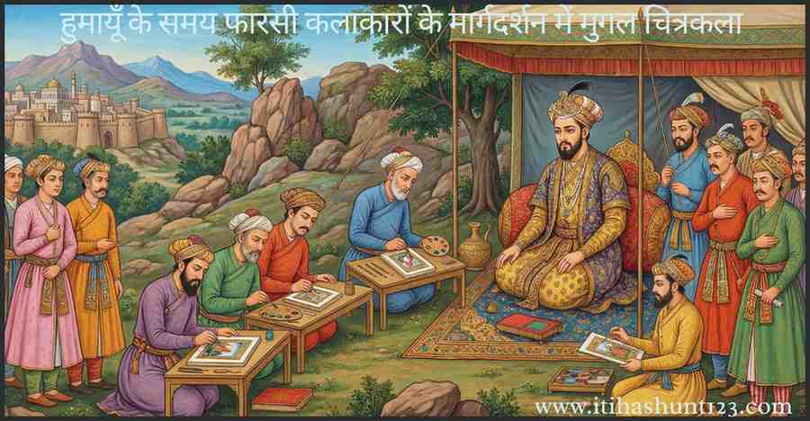 मुगल काल में चित्रकला का विकास – हुमायूँ फारसी कलाकारों के साथ काबुल में चित्रकारी देखते हुए