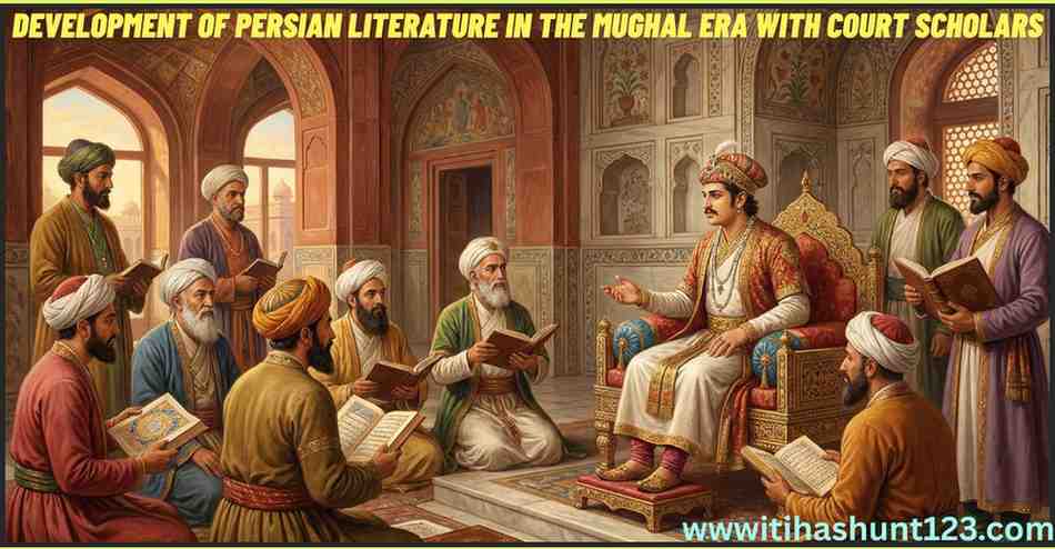 Persian literature development in Mughal era with scholars in royal court