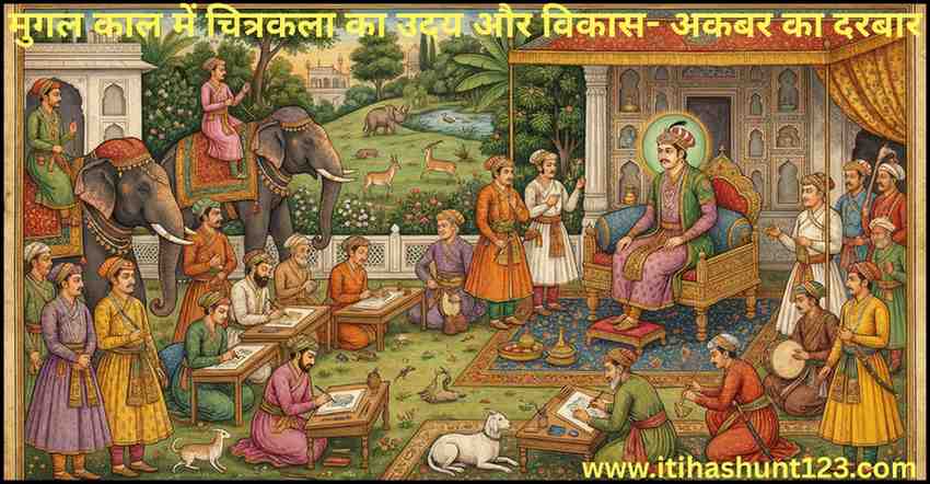 मुगल काल में चित्रकला का उदय और विकास – अकबर के दरबार में कलाकारों द्वारा चित्रण करते हुए दृश्य