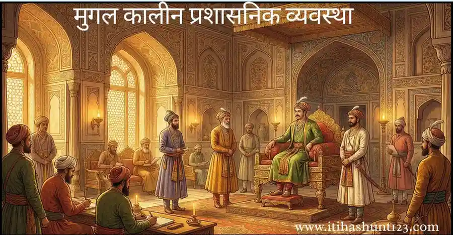 मुगल कालीन प्रशासनिक व्यवस्था में बादशाह और केंद्रीय अधिकारियों की कार्यप्रणाली दर्शाती ऐतिहासिक चित्र