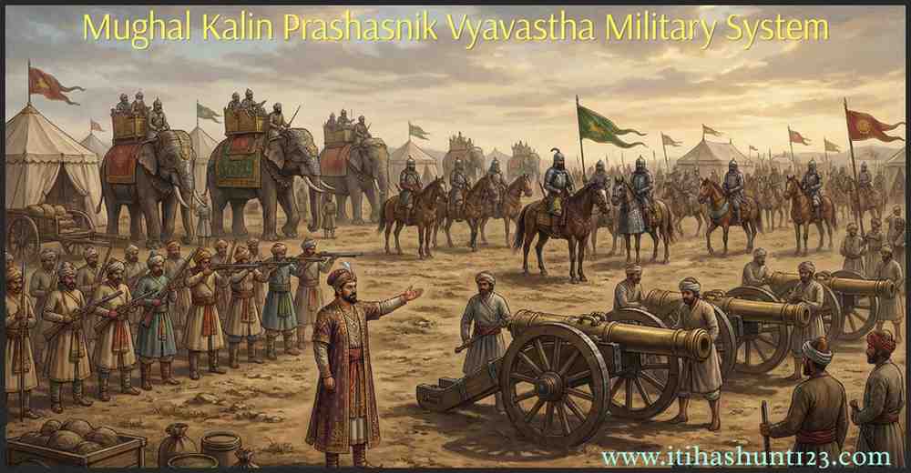मुगल कालीन प्रशासनिक व्यवस्था में सैन्य संगठन और मनसबदारी प्रणाली दर्शाता चित्र