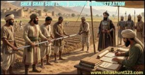 Sher Shah Suri measuring agricultural land under revenue reforms using Sikandari Gaz