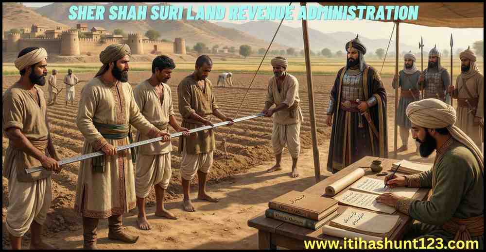 Sher Shah Suri measuring agricultural land under revenue reforms using Sikandari Gaz