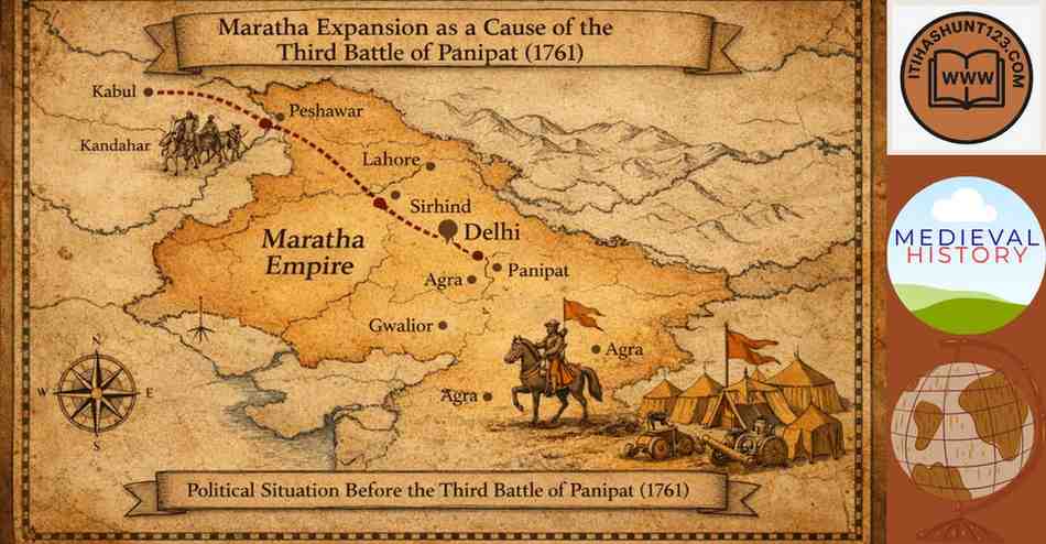 पानीपत का तृतीय युद्ध 1761 के कारण दर्शाता हुआ मराठा विस्तार और अहमदशाह अब्दाली का मार्ग