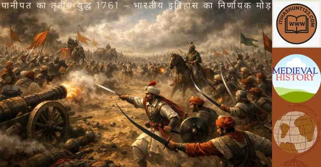 पानीपत का तृतीय युद्ध 1761 का दृश्य जिसमें मराठा और अहमदशाह अब्दाली की सेनाएँ आमने-सामने हैं