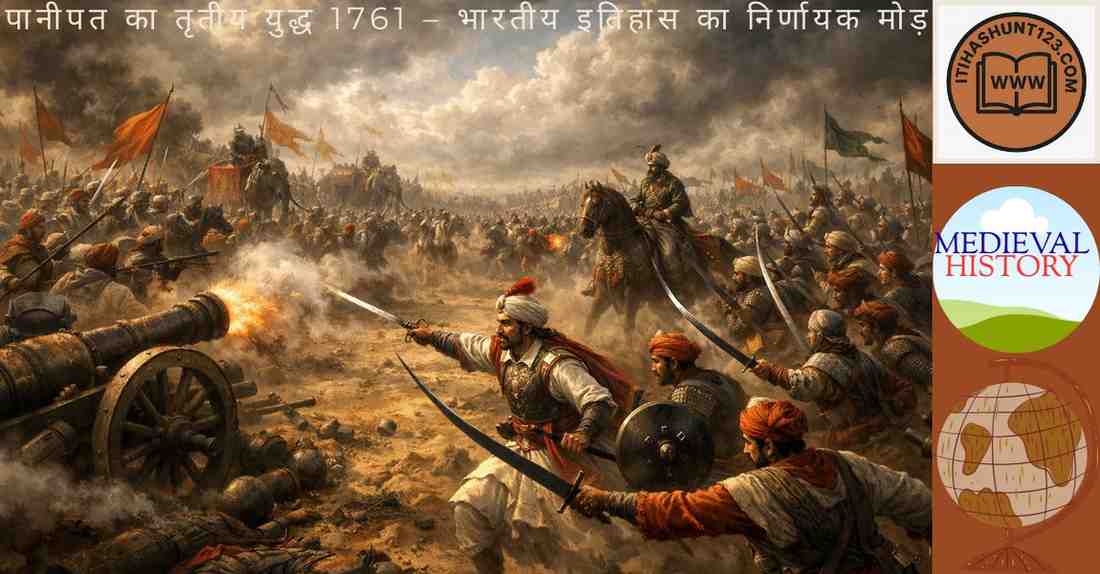 पानीपत का तृतीय युद्ध 1761 का दृश्य जिसमें मराठा और अहमदशाह अब्दाली की सेनाएँ आमने-सामने हैं