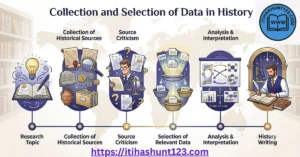 Collection and Selection of Data in History showing historical sources, source criticism, data selection and history writing process.