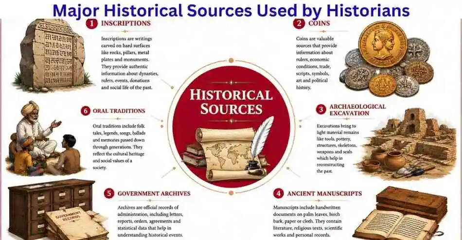 Major historical sources including inscriptions, coins, manuscripts, archaeological remains, archives and oral traditions that help historians understand the past.