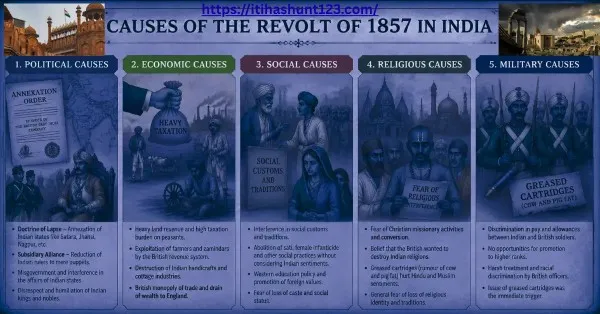 Causes of the Revolt of 1857 showing political, economic, social, religious and military causes