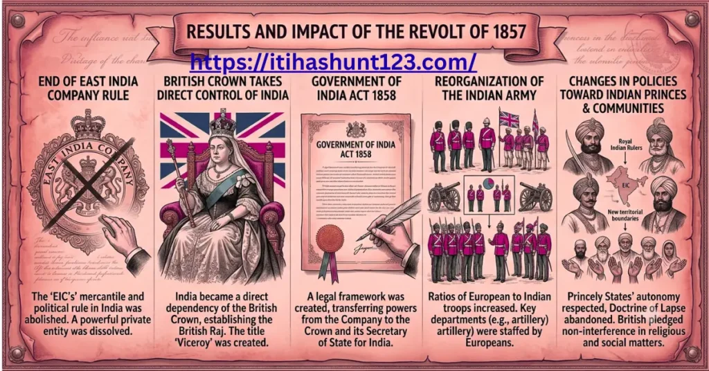 Educational infographic detailing five consequences of the 1857 Revolt: end of EIC rule, direct control by the British Crown, the Government of India Act 1858, army reorganization, and policy shifts toward Indian princes. Styled with historical parchment and 19th-century illustrations.