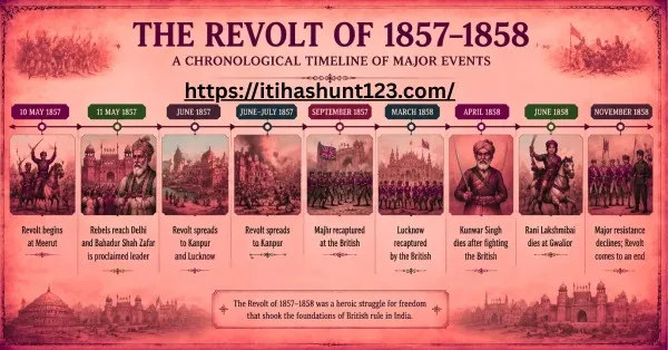 13.	Timeline of the Revolt of 1857–1858 showing major events from the Meerut uprising to the decline of the revolt