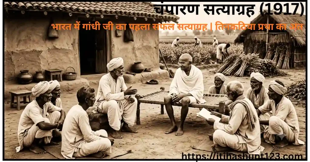 चंपारण सत्याग्रह 1917 में महात्मा गांधी और राजकुमार शुक्ला के साथ तिनकठिया प्रथा का विरोध