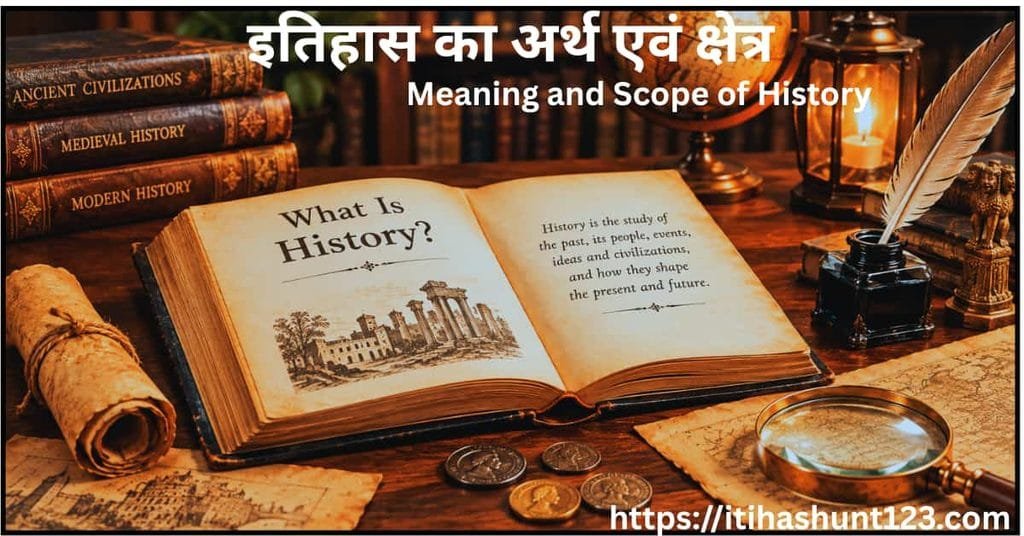 इतिहास के अर्थ और क्षेत्र को दर्शाता प्राचीन ग्रंथ, आवर्धक लेंस और ऐतिहासिक साक्ष्यों का दृश्य