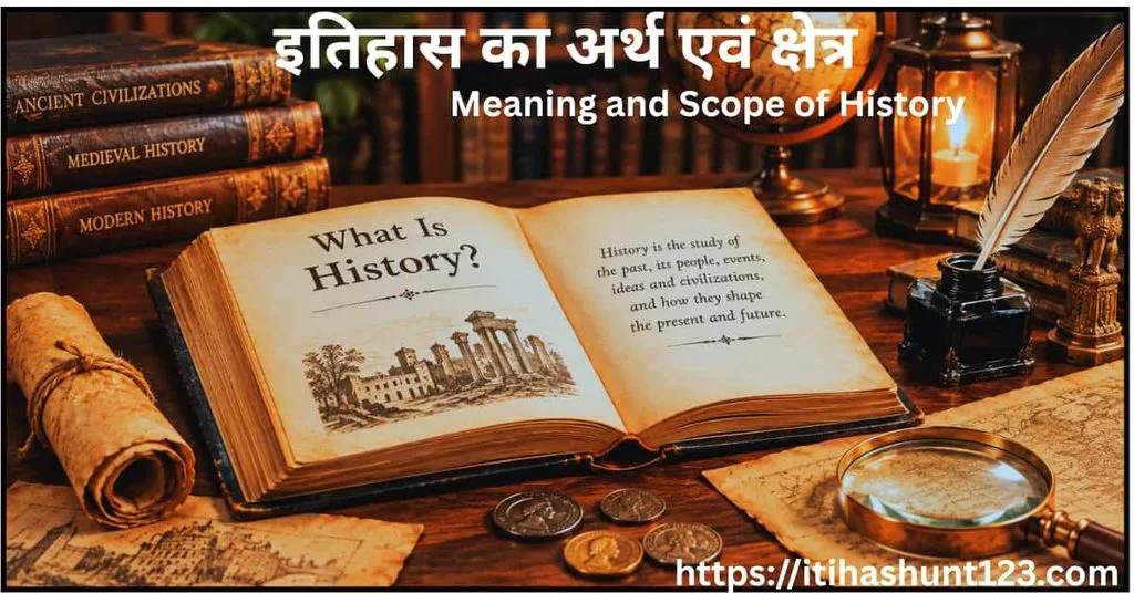 इतिहास के अर्थ और क्षेत्र को दर्शाता प्राचीन ग्रंथ, आवर्धक लेंस और ऐतिहासिक साक्ष्यों का दृश्य 